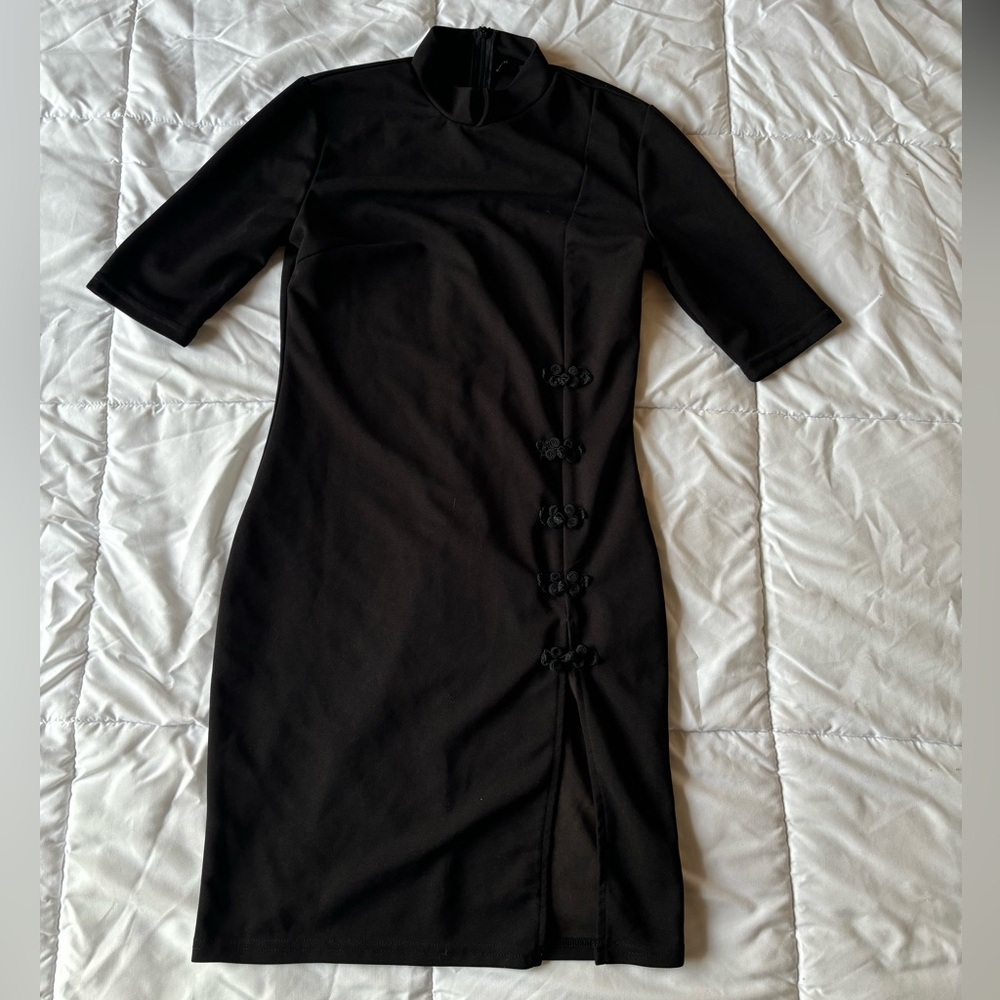 Black Womens Mini Dress with High Slit - Small